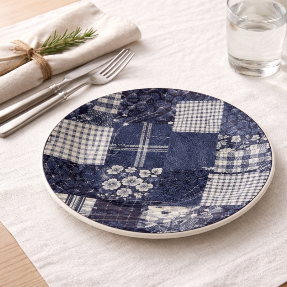 American Living Patchwork Denim Dinner Plates NWT Set of 2 Ironstone Americana - Picture 10 of 12